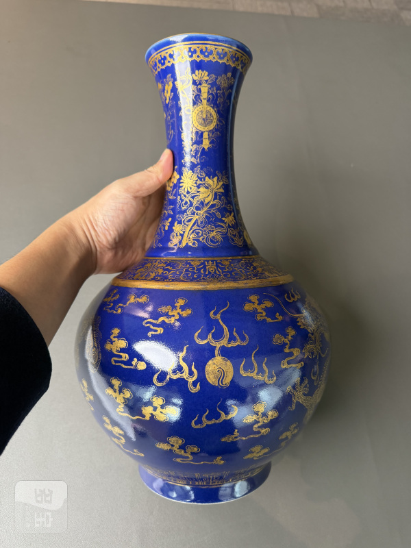 清光绪 霁蓝釉描金龙凤纹赏瓶 - 图3